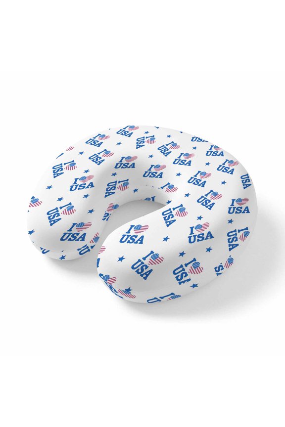 Neck Pillow 4th of July Stars Stripes Love USA Travel Pillow Memory Foam U Shaped Pillows, Patriotic Hearts on White Travel Neck Pillows for Airplane Car Office Home Sleeping Rest