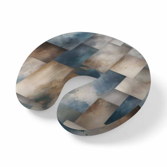 Neck Pillow Abstract Cloud Sky Block Travel Pillow Memory Foam U Shaped Pillows, Vintage Tan Blue Square Splicing Travel Neck Pillows for Airplane Car Office Home Sleeping Rest