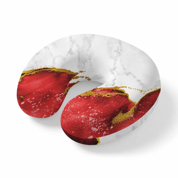 Neck Pillow Abstract Marble Stone Texture Travel Pillow Memory Foam U Shaped Pillows, Modern Red Gold White Travel Neck Pillows for Airplane Car Office Home Sleeping Rest