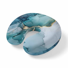 Neck Pillow Abstract Natural Teal Marble Rock Travel Pillow Memory Foam U Shaped Pillows, Watercolor Gradient Stone Travel Neck Pillows for Airplane Car Office Home Sleeping Rest