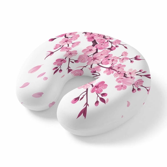Neck Pillow Abstract Pink Cherry Blossom Flower on White Travel Pillow Memory Foam U Shaped Pillows, Floral Travel Neck Pillows for Airplane Car Office Home Sleeping Rest