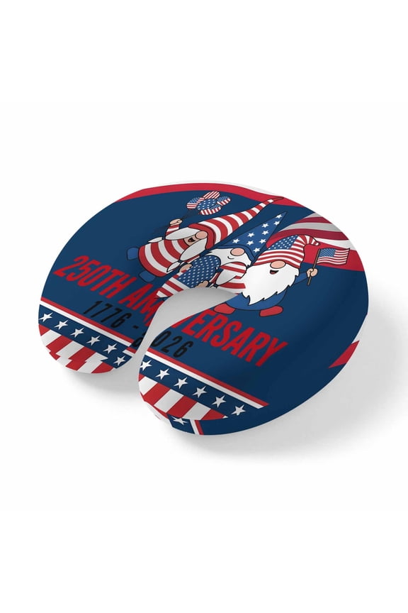 Neck Pillow American Patriotic Gnome Travel Pillow Memory Foam U Shaped Pillows, Anniversary USA Flag Travel Neck Pillows for Airplane Car Office Home Sleeping Rest