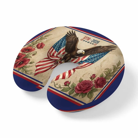 Neck Pillow Anniversary Patriotic Eagle Travel Pillow Memory Foam U Shaped Pillows, USA Flag Vintage Flower Leaf Travel Neck Pillows for Airplane Car Office Home Sleeping Rest