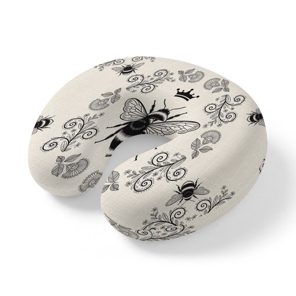 Neck Pillow Bees Crowns Flower Rings on Linen Travel Pillow Memory Foam U Shaped Pillows, Abstract Botantical Travel Neck Pillows for Airplane Car Office Home Sleeping Rest