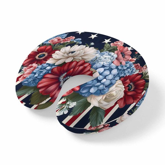 Neck Pillow Blossom Flower USA Flag Star Stripe Travel Pillow Memory Foam U Shaped Pillows, 4th of July Memorial Day Travel Neck Pillows for Airplane Car Office Home Sleeping Rest