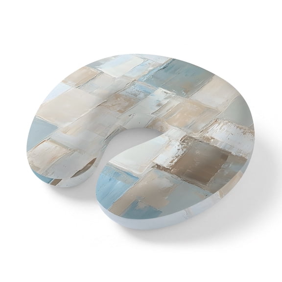 Neck Pillow, Blue Brown Color Blocks Memory Foam U-Shaped Travel Pillow for Airplane Car Train Office Nap, Portable Soft Head Neck Support for Sleeping & Reclining Modern Abstract Oil Painting Art