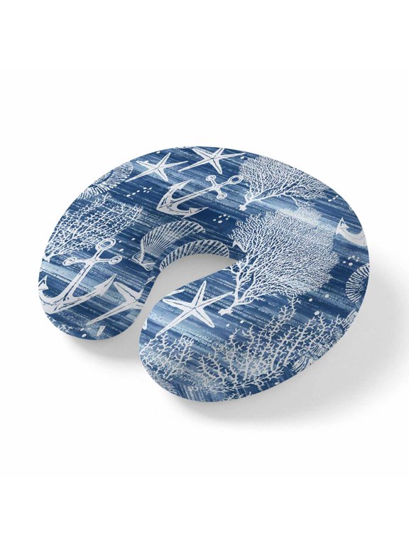 Neck Pillow Blue Ocean Anchor Coral Shell Travel Pillow Memory Foam U Shaped Pillows, Gradient Stripes Waves Travel Neck Pillows for Airplane Car Office Home Sleeping Rest