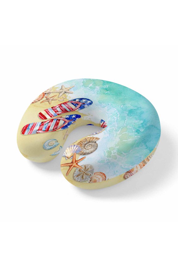 Neck Pillow Blue Ocean Coastal Slippers USA Flag Travel Pillow Memory Foam U Shaped Pillows, Ocean Starfish Shell Travel Neck Pillows for Airplane Car Office Home Sleeping Rest