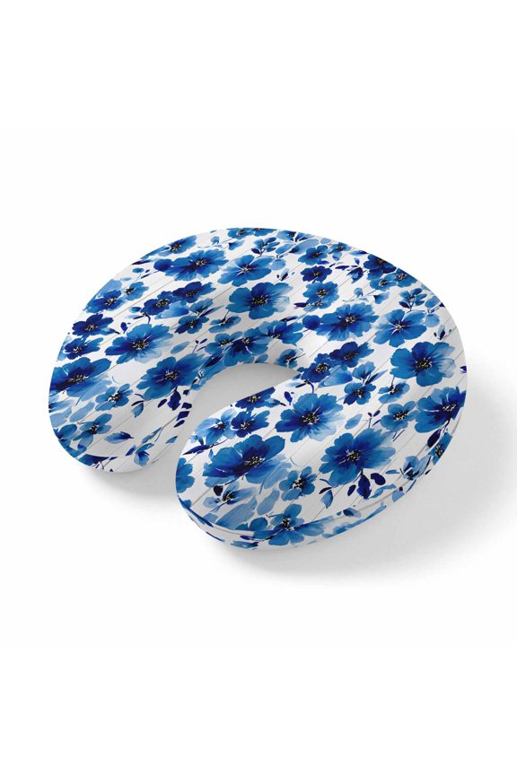 Neck Pillow Blue Spring Watercolor Flower Travel Pillow Memory Foam U Shaped Pillows, Blossom Floral on White Travel Neck Pillows for Airplane Car Office Home Sleeping Rest