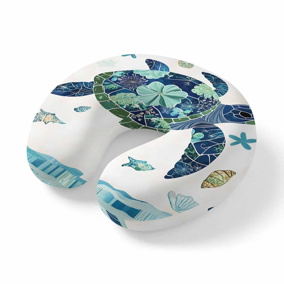 Neck Pillow, Blue Teal Coastal Turtle Memory Foam U-Shaped Travel Pillow for Airplane Car Train Office Nap, Portable Soft Head Neck Support for Sleeping & Reclining Summer Beach Starfish Nautical