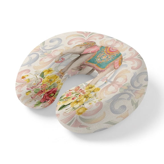 Neck Pillow, Boho Elephant Memory Foam U-Shaped Travel Pillow for Airplane Car Train Office Nap, Portable Soft Head Neck Support for Sleeping & Reclining Farmhouse Ethnic Tribes Animals Flowers