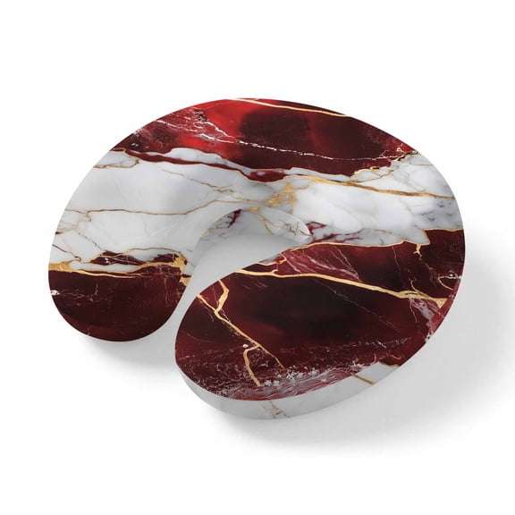 Neck Pillow Burgundy Red White Marble Travel Pillow Memory Foam U Shaped Pillows, Modern Abstract Stone Crack Texture Travel Neck Pillows for Airplane Car Office Home Sleeping Rest