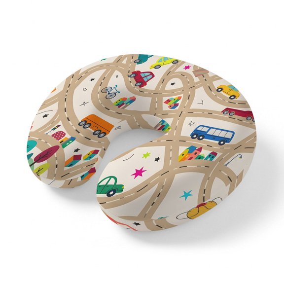 Neck Pillow, Cars Buses Memory Foam U-Shaped Travel Pillow for Airplane Car Train, Portable Soft Head Neck Support for Sleeping & Reclining Cartoon Brown City Street Map Traffic Educational