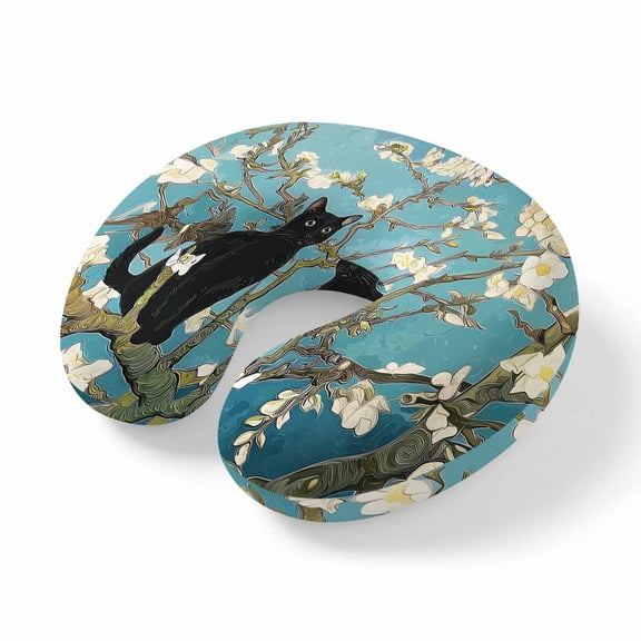 Neck Pillow, Cartoon Cat Memory Foam U-Shaped Travel Pillow for Airplane Car Train Office Nap, Portable Soft Head Neck Support for Sleeping & Reclining Branches Spring Floral Vintage Art