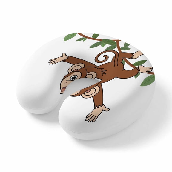 Neck Pillow Cartoon Funny Monkey Green Leaves on White Travel Pillow Memory Foam U Shaped Pillows, Country Vine Travel Neck Pillows for Airplane Car Office Home Sleeping Rest