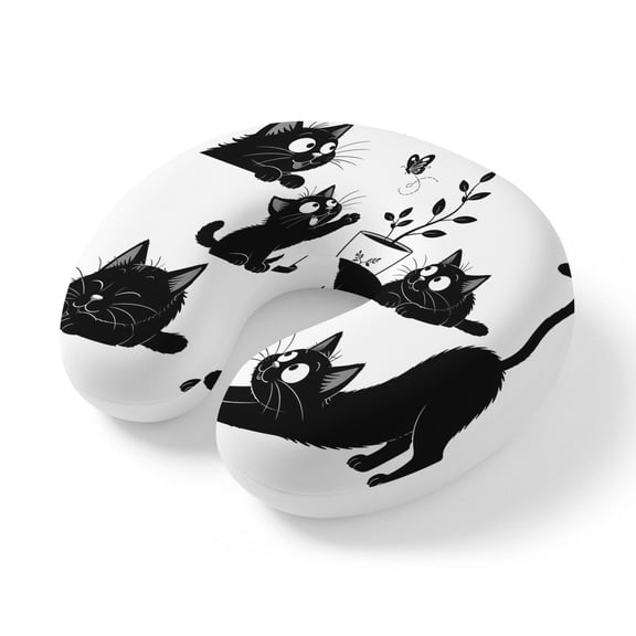 Neck Pillow Cartoon Playful Black Cat Travel Pillow Memory Foam U Shaped Pillows, Minimalist Illustration Travel Neck Pillows for Airplane Car Office Home Sleeping Rest