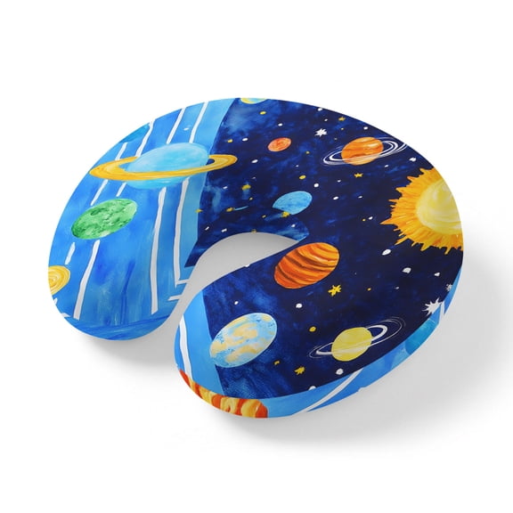 Neck Pillow, Cartoon Space Memory Foam U-Shaped Travel Pillow for Airplane Car Train Office Nap, Portable Soft Head Neck Support for Sleeping & Reclining Blue Night Sky Mystical Star Sun Planets