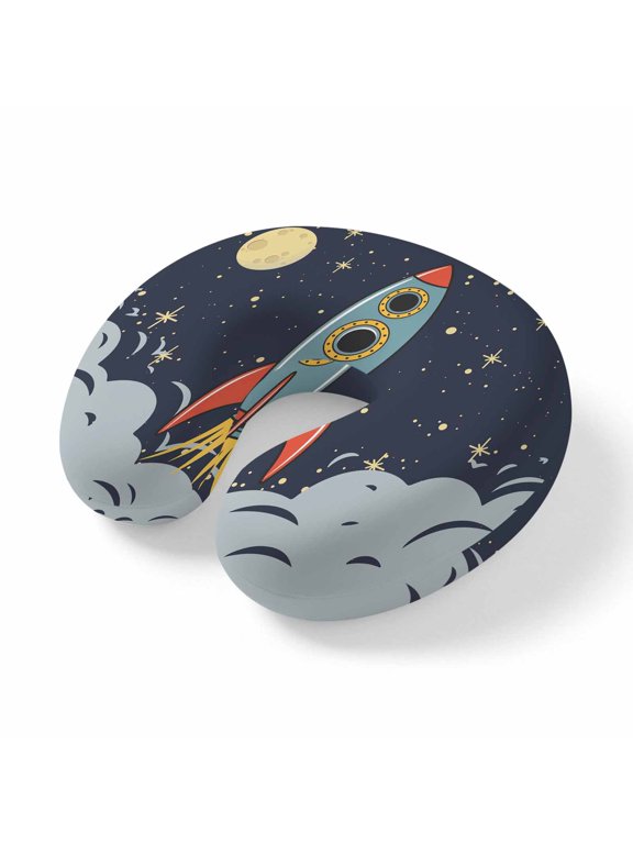 Neck Pillow Cartoon Space Rocket Launch Stars and Moon Travel Pillow Memory Foam U Shaped Pillows, Outer Planet Travel Neck Pillows for Airplane Car Office Home Sleeping Rest