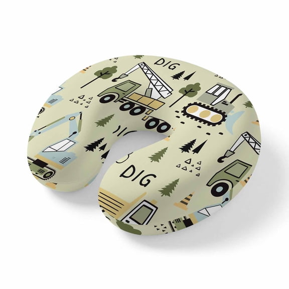 Neck Pillow Cartoon Tractor Green Digger Shovel Travel Pillow Memory Foam U Shaped Pillows, Cute Truck Car Themed Travel Neck Pillows for Airplane Car Office Home Sleeping Rest