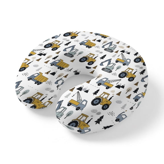 Neck Pillow, Cartoon Truck Memory Foam U-Shaped Travel Pillow for Airplane Car Train Office Nap, Portable Soft Head Neck Support for Sleeping & Reclining Yellow Grey Car Excavator Tractor Trees