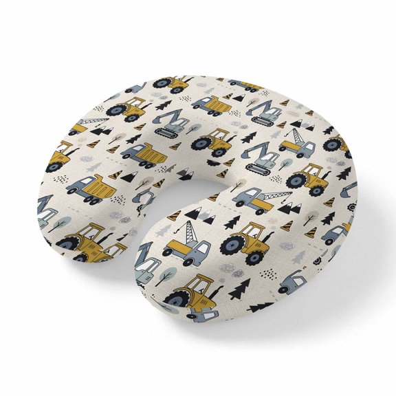 Neck Pillow, Cartoon Truck Memory Foam U-Shaped Travel Pillow for Airplane Car Train, Portable Soft Head Neck Support for Sleeping & Reclining Cute Yellow Grey Excavator Bulldozer Pine Tree