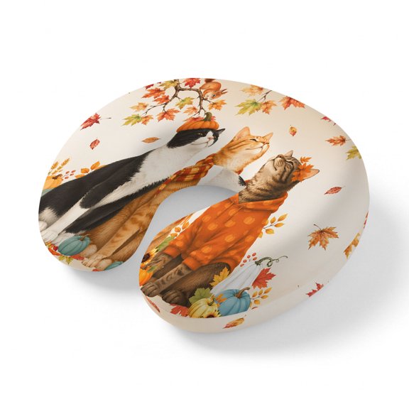 Neck Pillow Cat Fall Maple Leaves Squirrel Travel Pillow Memory Foam U Shaped Pillows, Pumpkin Orange Gradient Travel Neck Pillows for Airplane Car Office Home Sleeping Rest