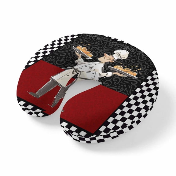Neck Pillow, Chef Memory Foam U-Shaped Travel Pillow for Airplane Car Train Office Nap, Portable Soft Head Neck Support for Sleeping & Reclining Cartoon Cute Watercolor Cooking Red Black