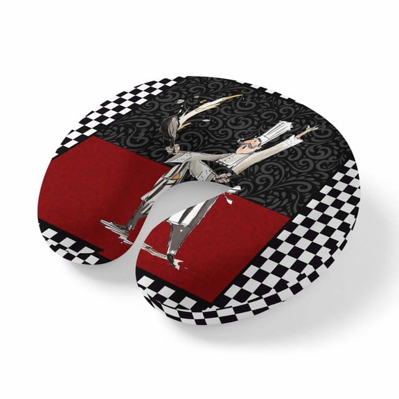 Neck Pillow Chef Retro Red Floral Black Checker Travel Pillow Memory Foam U Shaped Pillows, Cartoon Cook Gourmet Travel Neck Pillows for Airplane Car Office Home Sleeping Rest