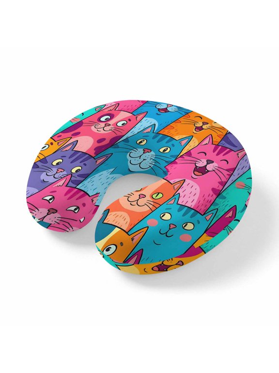 Neck Pillow Children's Day Lovely Cats Travel Pillow Memory Foam U Shaped Pillows, Pink Blue Kitty Travel Neck Pillows for Airplane Car Office Home Sleeping Rest