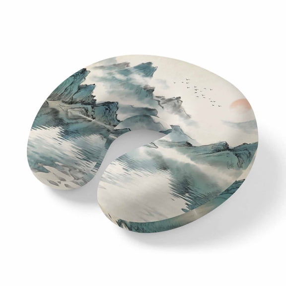 Neck Pillow Chinese Zen Landscape Ombre Travel Pillow Memory Foam U Shaped Pillows, Abstract Mountain Lake Travel Neck Pillows for Airplane Car Office Home Sleeping Rest