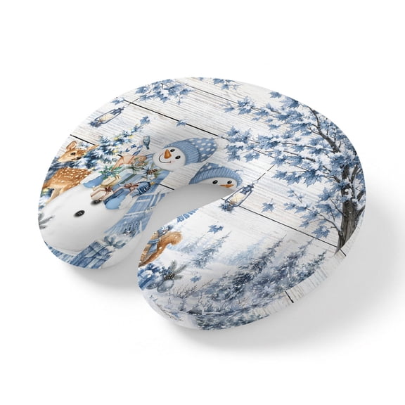 Neck Pillow Christmas Cute Snowman Squirrel Travel Pillow Memory Foam U Shaped Pillows, Retro Farm Wood Travel Neck Pillows for Airplane Car Office Home Sleeping Rest