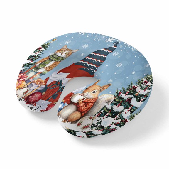 Neck Pillow Christmas Dwarf Tree Cat Squirrel Travel Pillow Memory Foam U Shaped Pillows, Winter Snowflake Blue Gradient Travel Neck Pillows for Airplane Car Office Home Sleeping Rest