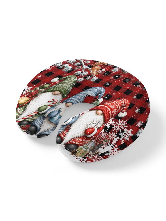 Neck Pillow Christmas Gnomes Squirrel Pine Branch Travel Pillow Memory Foam U Shaped Pillows, Red Black Plaid Travel Neck Pillows for Airplane Car Office Home Sleeping Rest