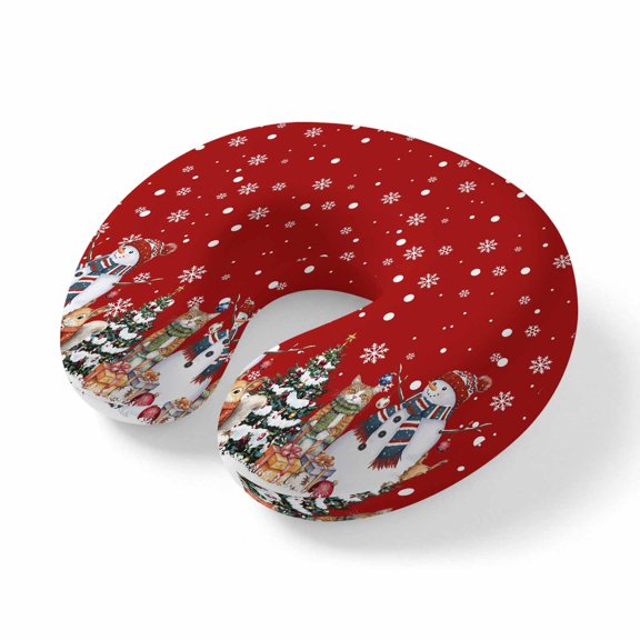 Neck Pillow Christmas Snowman Snowflake on Red Travel Pillow Memory Foam U Shaped Pillows, Pine Tree Squirrel Travel Neck Pillows for Airplane Car Office Home Sleeping Rest