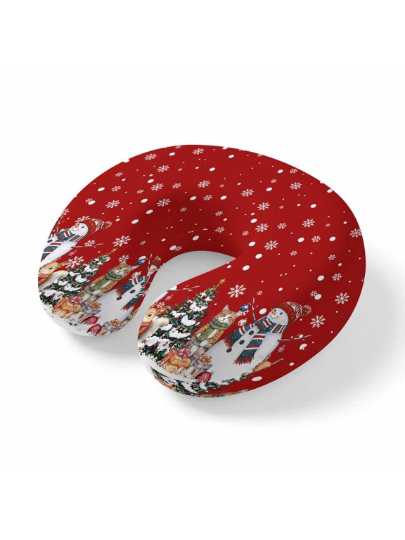 Neck Pillow Christmas Snowman Snowflake on Red Travel Pillow Memory Foam U Shaped Pillows, Pine Tree Squirrel Travel Neck Pillows for Airplane Car Office Home Sleeping Rest