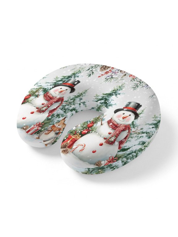 Neck Pillow Christmas Snowman Squirrel Pine Tree Travel Pillow Memory Foam U Shaped Pillows, Winter Berry Leaves Travel Neck Pillows for Airplane Car Office Home Sleeping Rest