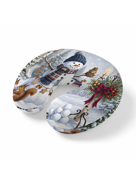 Neck Pillow Christmas Snowman Squirrel Pines Travel Pillow Memory Foam U Shaped Pillows, Winter Snowy Scene Travel Neck Pillows for Airplane Car Office Home Sleeping Rest