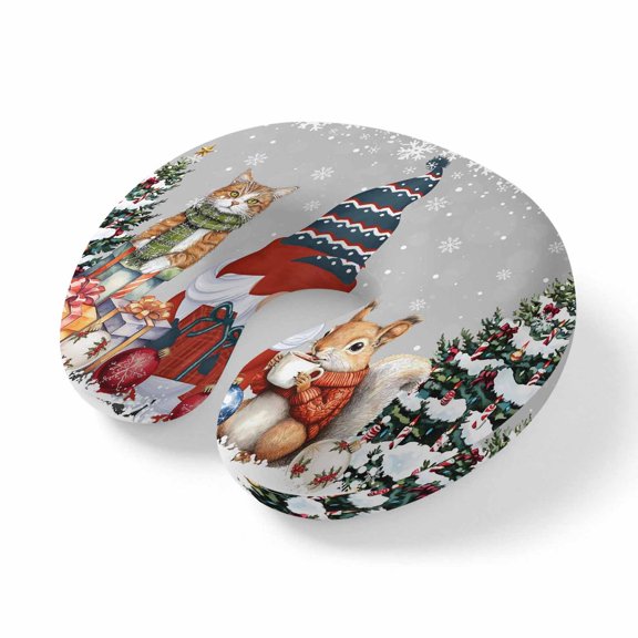 Neck Pillow Christmas Tree Dwarf Cat Squirrel Travel Pillow Memory Foam U Shaped Pillows, Gray Back Travel Neck Pillows for Airplane Car Office Home Sleeping Rest