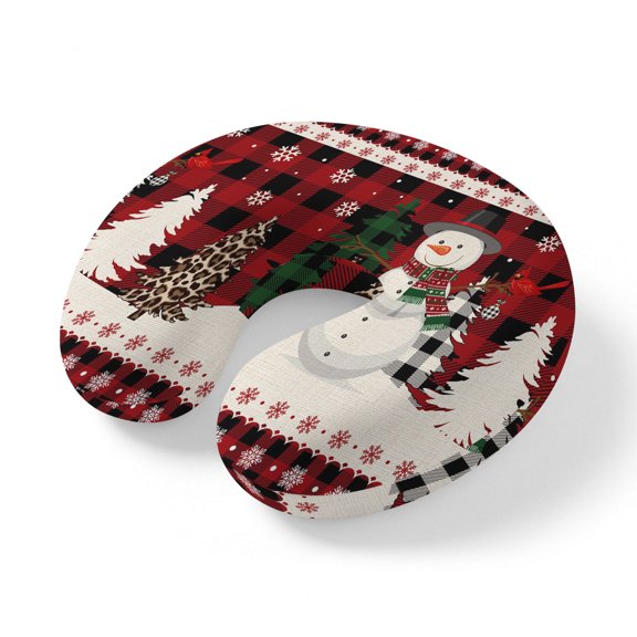 Neck Pillow Christmas Tree Snowman Buffalo Travel Pillow Memory Foam U Shaped Pillows, Snowflakes Black Red Plaid Travel Neck Pillows for Airplane Car Office Home Sleeping Rest