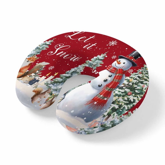 Neck Pillow Christmas Tree Snowman on Red Travel Pillow Memory Foam U Shaped Pillows, Winter Snowflake Fox Travel Neck Pillows for Airplane Car Office Home Sleeping Rest
