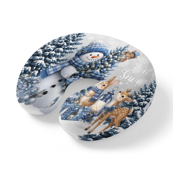 Neck Pillow Christmas Tree Snowman Squirrel Travel Pillow Memory Foam U Shaped Pillows, Winter Snowflake Deer Rabbit Travel Neck Pillows for Airplane Car Office Home Sleeping Rest
