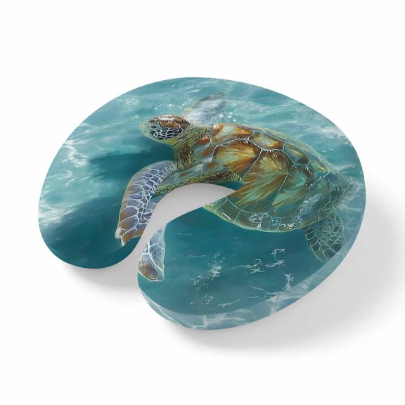 Neck Pillow, Coastal Sea Turtle Memory Foam U-Shaped Travel Pillow for Airplane Car Train Office Nap, Portable Soft Head Neck Support for Sleeping & Reclining Teal Summer Beach Nautical Tropical