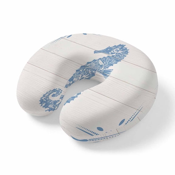 Neck Pillow Coastal Seahorse Travel Pillow Memory Foam U Shaped Pillows, Underwater Marine Life White Wood Travel Neck Pillows for Airplane Car Office Home Sleeping Rest