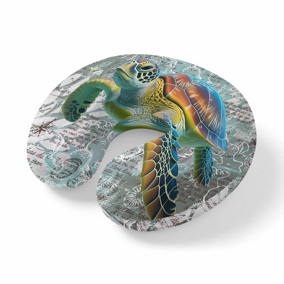 Neck Pillow, Coastal Turtle Memory Foam U-Shaped Travel Pillow for Airplane Car Train Office Nap, Portable Soft Head Neck Support for Sleeping & Reclining Farmhouse Ocean Nautical Marine Life