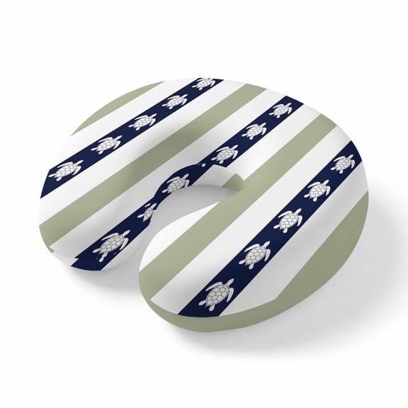 Neck Pillow, Coastal Turtle Memory Foam U-Shaped Travel Pillow for Airplane Car Train Office Nap, Portable Soft Head Neck Support for Sleeping & Reclining Sage Green Stripe Navy White Ocean
