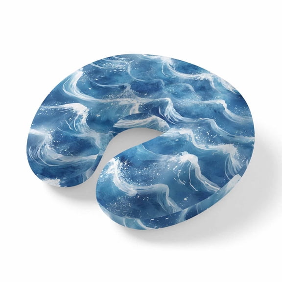 Neck Pillow, Coastal Waves Memory Foam U-Shaped Travel Pillow for Airplane Car Train Office Nap, Portable Soft Head Neck Support for Sleeping & Reclining Summer Beach Ocean Nautical Watercolor