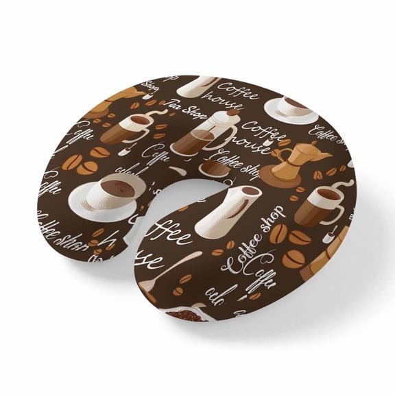 Neck Pillow, Coffee Memory Foam U-Shaped Travel Pillow for Airplane Car Train Office Nap, Portable Soft Head Neck Support for Sleeping & Reclining Brown Retro Coffee Theme Beans Latte Tea Cup