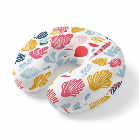 Neck Pillow, Colorful Coastal Shells Memory Foam U-Shaped Travel Pillow for Airplane Car Train Office Nap, Portable Soft Head Neck Support for Sleeping & Reclining Watercolor Summer Ocean Life