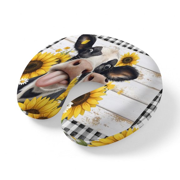 Neck Pillow Country Abstract Cow Buffalo Check Travel Pillow Memory Foam U Shaped Pillows, Farmhouse Flower Wood Board Travel Neck Pillows for Airplane Car Office Home Sleeping Rest