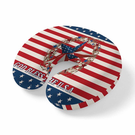 Neck Pillow Country Stars on Patriotic American Flag Travel Pillow Memory Foam U Shaped Pillows, Rusitc Red White Stripe Travel Neck Pillows for Airplane Car Office Home Sleeping Rest